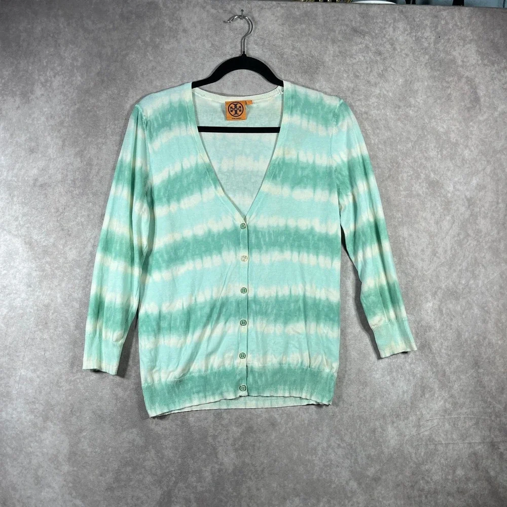 Tory Burch Cardigan Sweater Womens Large Green Tie Dye Knit Button‎ Front V-Neck